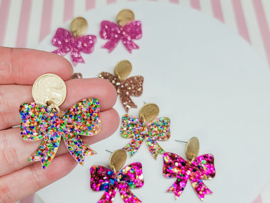 Glitter Bow Earrings, Bow Studs, Pink Acrylic Bow Earrings, Bow Jewelry, Glitter Pendant